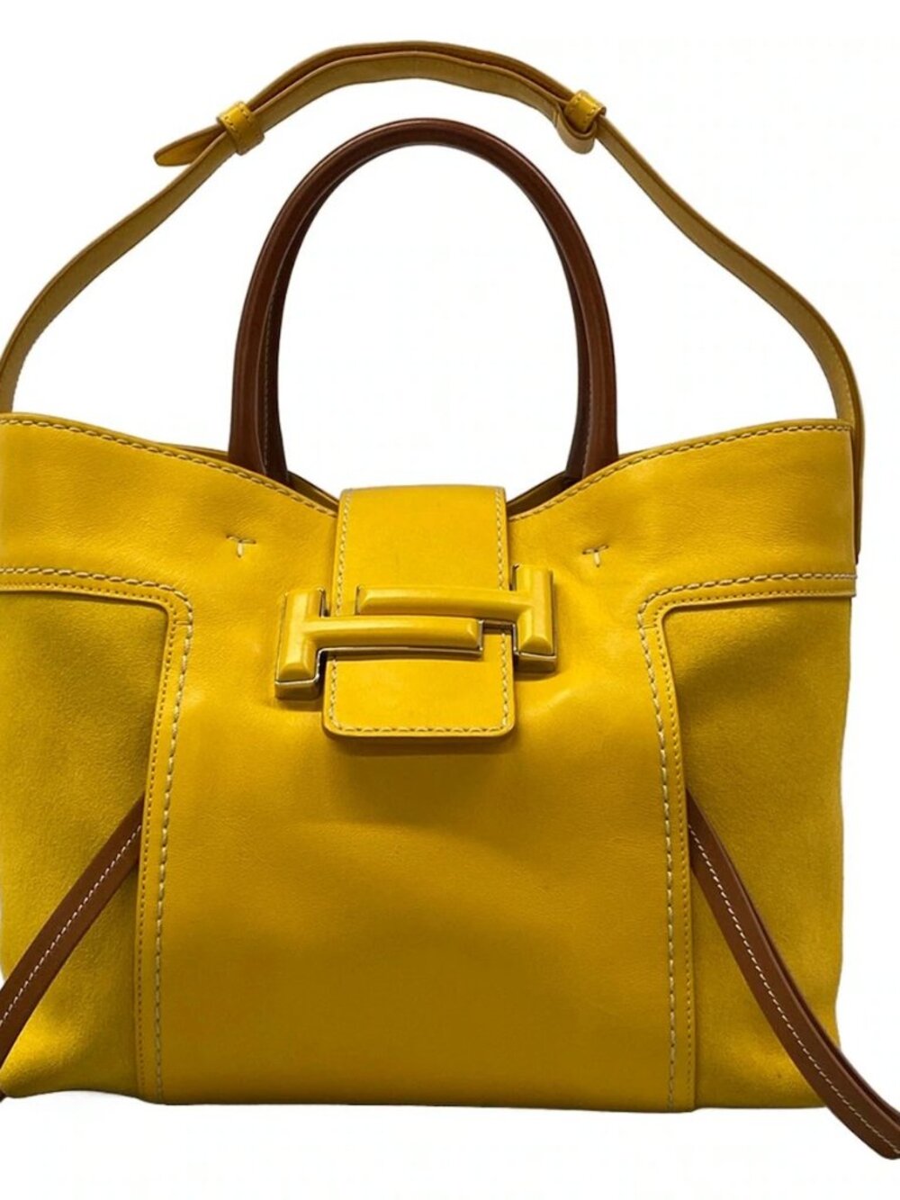 TOD'S Double T Dark yellow Dark Brown Leather Suede Tote Bag
